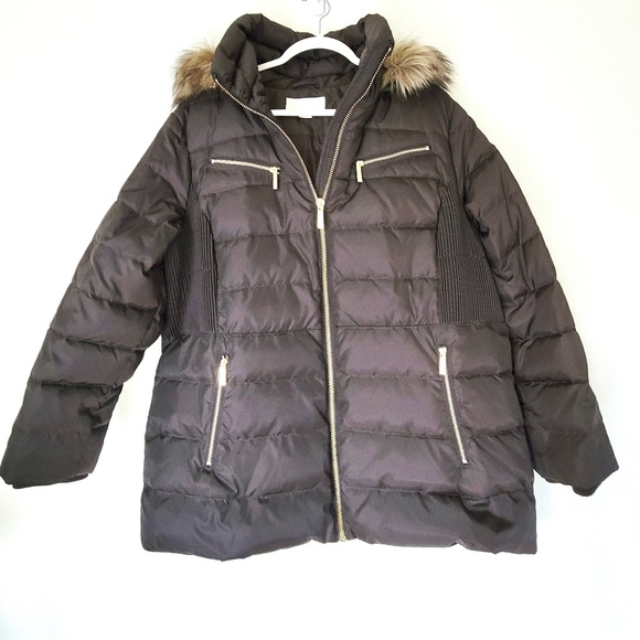 Michael Kors Brown Faux Fur Hooded Down Jacket - 1X - Picture 1 of 10